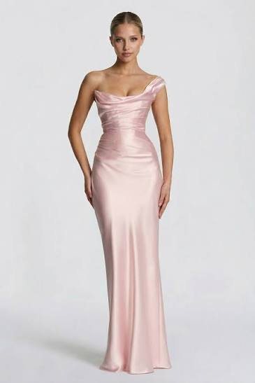 Formal gown example — blush pink satin one-shoulder gown